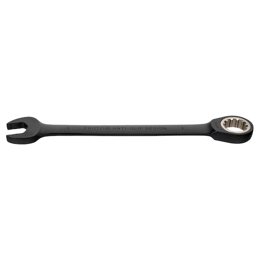 PROTO JSCR32 black combination wrench, open-end and box-end, top view on white background.