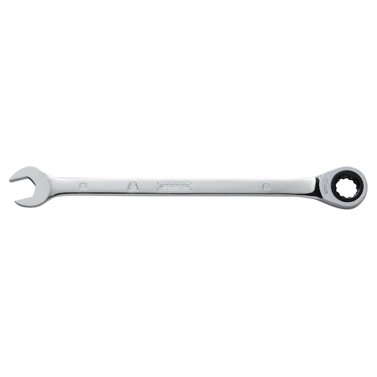 PROTO JSCRM08T combination wrench with ratcheting box end, silver finish, front angle, hand tool.