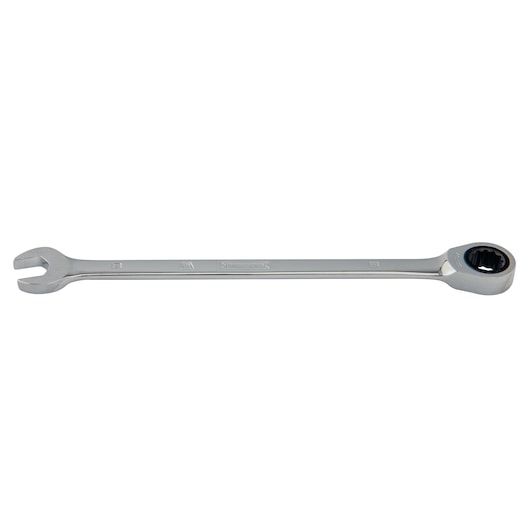 PROTO JSCRM08T ratcheting combination wrench, silver finish, open-end and box-end, side view on white background.