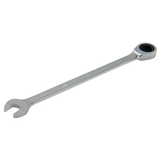 Photo of PROTO JSCRM08T ratcheting combination wrench, silver, front angle on white background.