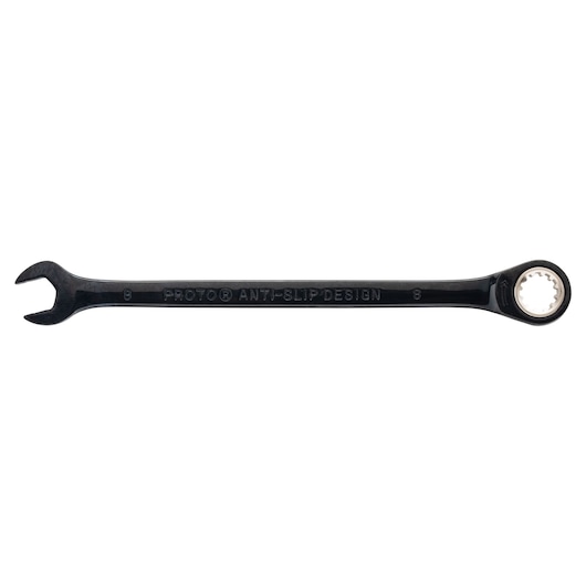 PROTO JSCRM08 black combination wrench with anti-slip design, front angle on white background.
