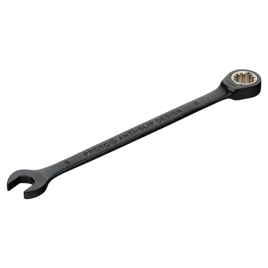 PROTO JSCRM08 black combination wrench with open end and box end, anti-slip design, side view on white background.