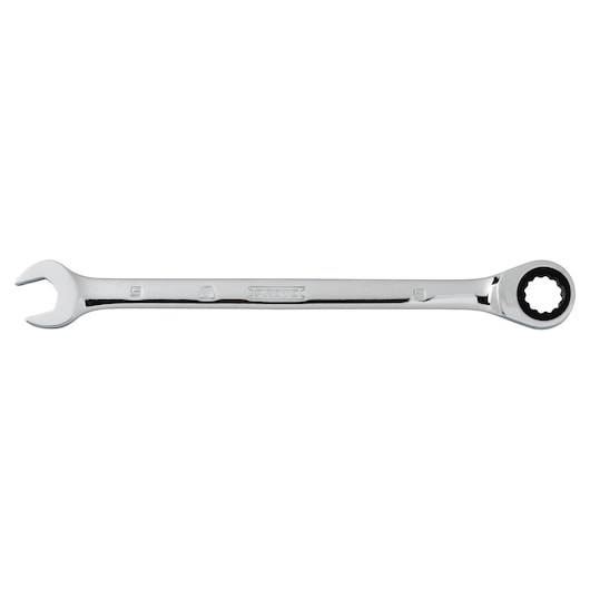 PROTO JSCRM09T chrome ratcheting combination wrench, open and box end, side angle, white background