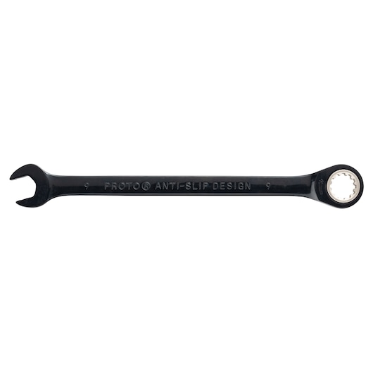 PROTO JSCRM09 combination wrench with anti-slip design, black finish, front angle, photography on white background.