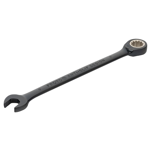PROTO JSCRM09 combination wrench with anti-slip design, black finish, open and box end, angled on white background.