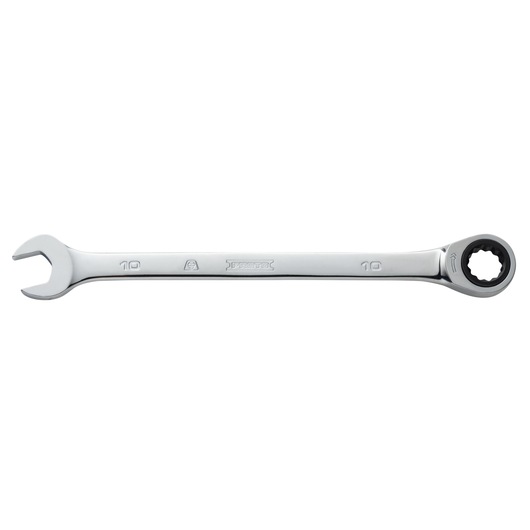 PROTO JSCRM10T combination ratcheting wrench, polished chrome, 10mm size, top view on white background.