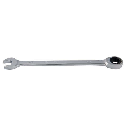 PROTO JSCRM10T ratcheting combination wrench, chrome finish, open and box end, side angle, white background.