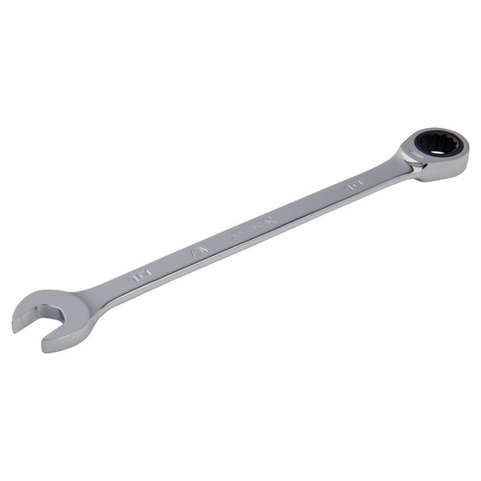 PROTO JSCRM10T combination ratcheting wrench with open and box ends, chrome finish, angled on white background.