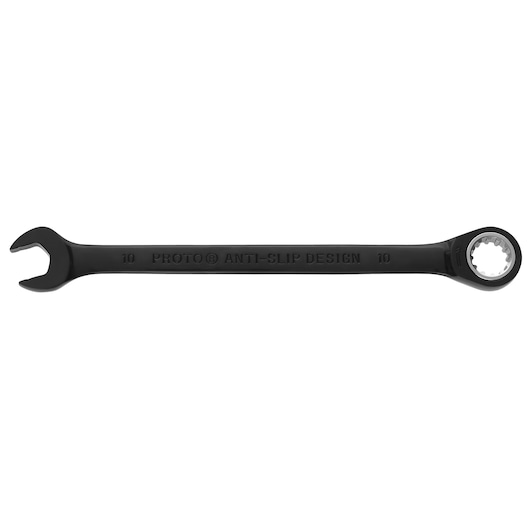 PROTO JSCRM10 black combination ratcheting wrench, box end and open end, top view, white background.