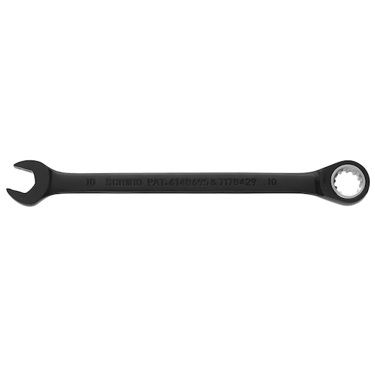 PROTO JSCRM10 black combination ratcheting wrench with open and box end, side view on white background.