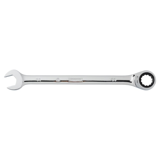 PROTO JSCRM11T chrome ratcheting combination wrench, open-end and box-end, side view, white background.