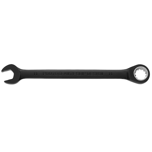 PROTO JSCRM11 black combination wrench with open-end and ratcheting box-end, top angle on white background.