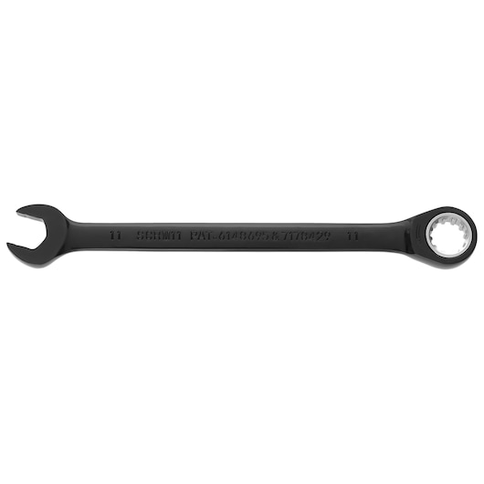 PROTO JSCRM11 black combination ratcheting wrench with open-end and box-end, side view on white background.