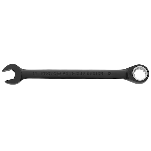 PROTO JSCRM12 black combination ratcheting wrench with open and box end, side view on white background.