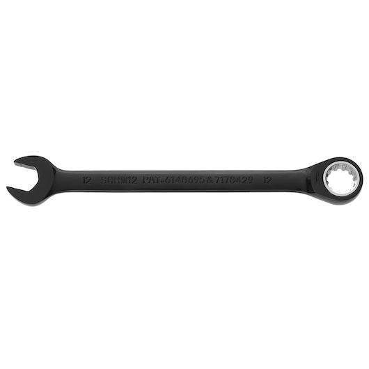 PROTO JSCRM12 ratcheting combination wrench, black, 12mm, side angle on white background.