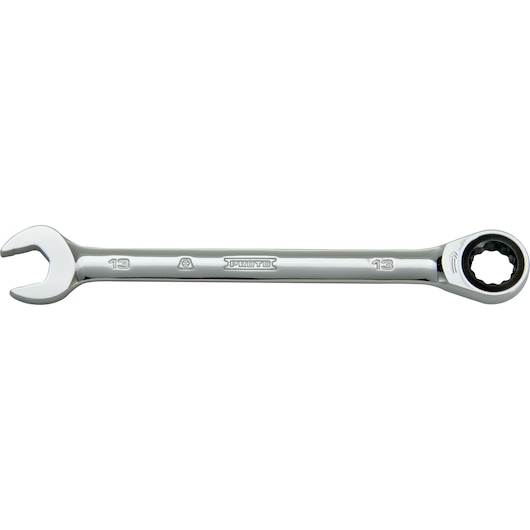 PROTO JSCRM13T combination ratcheting wrench, silver, 13mm, side view on white background.