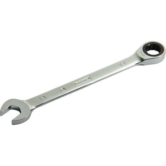 PROTO JSCRM13T chrome combination ratcheting wrench with open end and box end, side angle, white background.