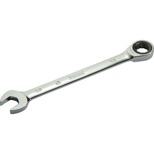 PROTO JSCRM13T combination ratcheting wrench, chrome finish, 13mm, angled front view on white background.