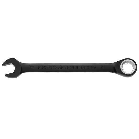 PROTO JSCRM13 black combination wrench with open-end and ratcheting box end, top view on white background.