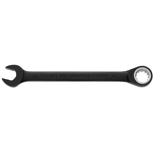 PROTO JSCRM13 black ratcheting combination wrench, showing open and box ends, product photography, white background.