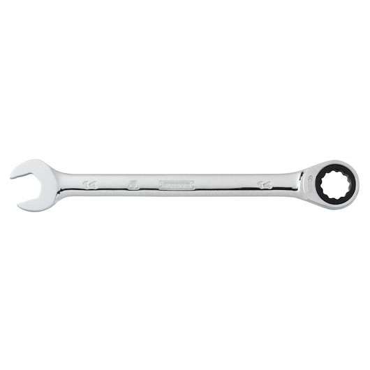 Photo of PROTO JSCRM14T ratcheting combination wrench, chrome finish, 14mm, on white background.