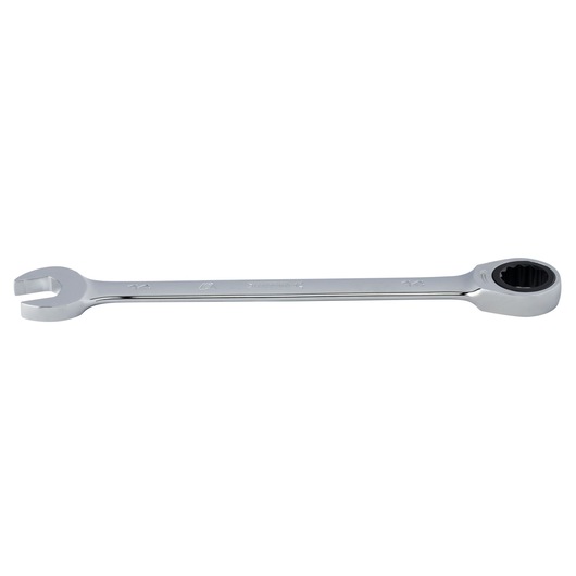 Photo of PROTO JSCRM14T ratcheting combination wrench, chrome finish, side angle on white background.