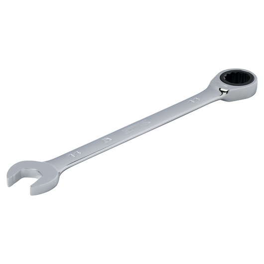 Photo of PROTO JSCRM14T combination ratcheting wrench with open end and box end, silver finish, angled on white background.