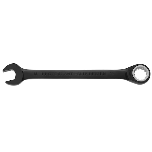 PROTO JSCRM14 black combination ratcheting wrench with open and box end, top view on white background.