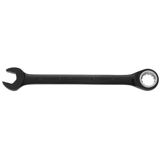 PROTO JSCRM14 black ratcheting combination wrench, 14mm, side angle, on white background