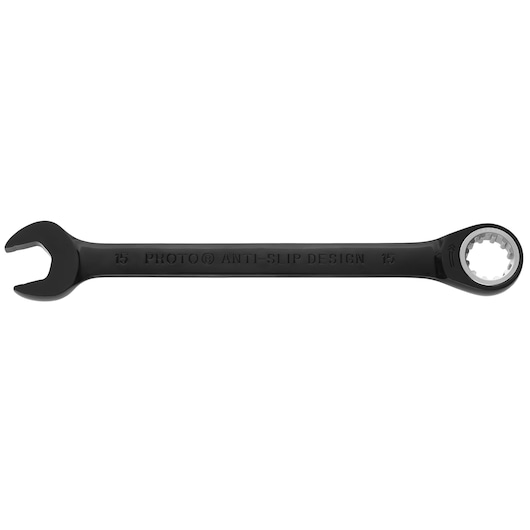 PROTO JSCRM15 black combination wrench with open and box end, top view on white background.