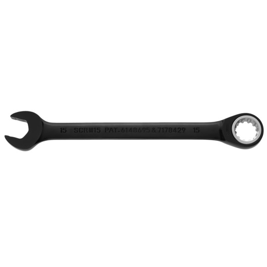 PROTO JSCRM15 black ratcheting combination wrench, open-end and box-end, tool on white background, side view.