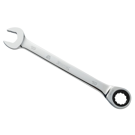 PROTO JSCRM16T ratcheting combination wrench, silver finish, 16mm, top angle, white background.