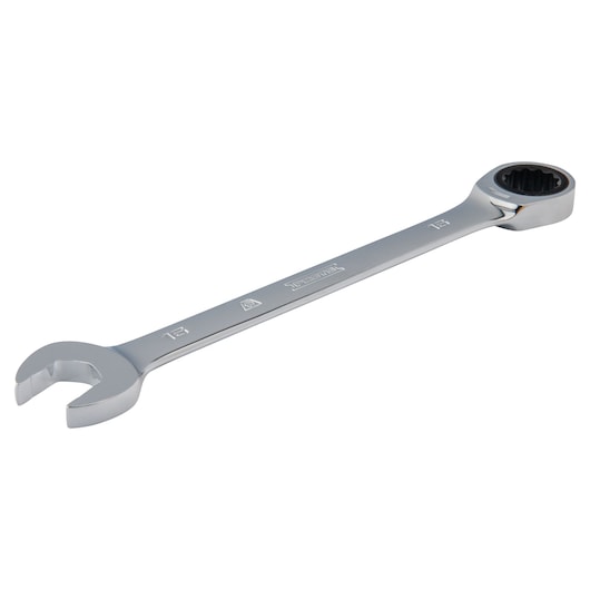 Photo of PROTO chrome combination ratcheting wrench, SKU JSCRM16T, angled view, silver finish, white background.