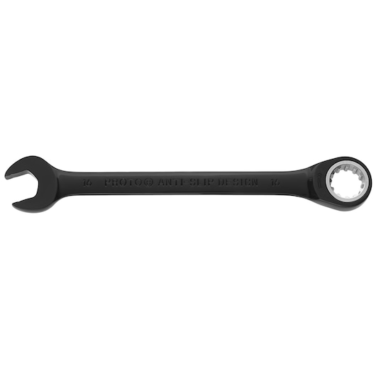 PROTO JSCRM16 black ratcheting combination wrench, photography, side angle on white background