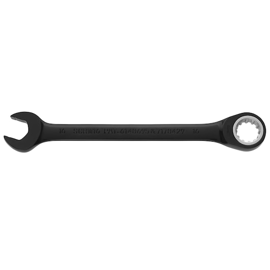 PROTO JSCRM16 ratcheting combination wrench, black finish, top view on white background.