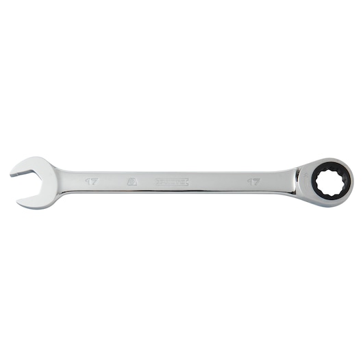 PROTO JSCRM17T chrome ratcheting combination wrench 17mm, side angle, on white background.