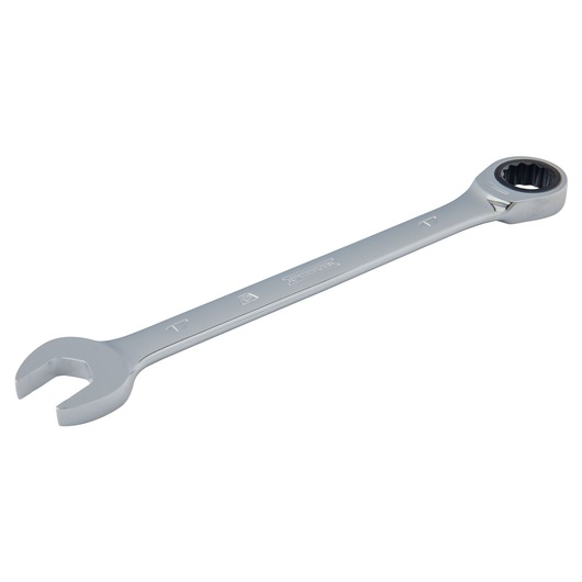 Photo of PROTO JSCRM17T chrome ratcheting combination wrench angled on a white background.