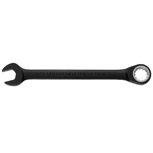 PROTO JSCRM17 black combination ratcheting wrench, 17mm size, photography, top view on white background.