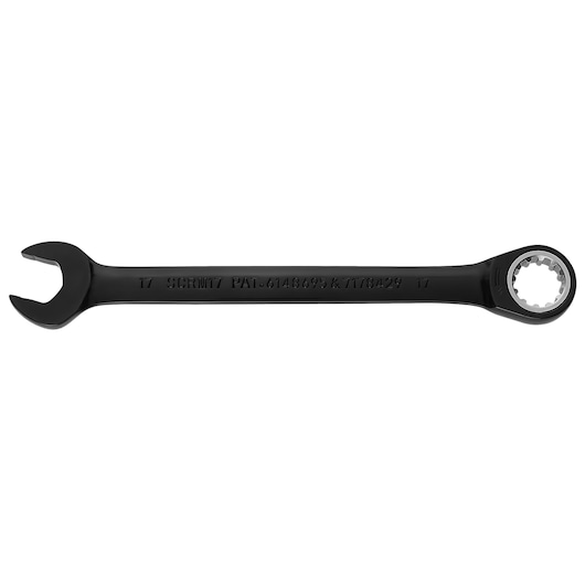 PROTO JSCRM17 black ratcheting combination wrench, open-end and box-end, product photography, white background.