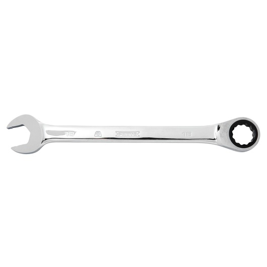 PROTO JSCRM18T combination wrench with open and ratcheting box end, chrome finish, side angle on white background.