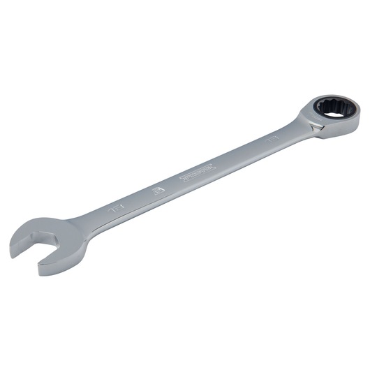 PROTO JSCRM18T combination ratcheting wrench, chrome finish, size 18 mm, side view on white background.