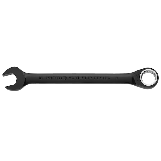 PROTO JSCRM18 black combination ratcheting wrench, 18mm size, photography on white background, side angle.