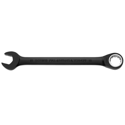 PROTO JSCRM18 black combination ratcheting wrench, front angle, with open end and box end on white background.