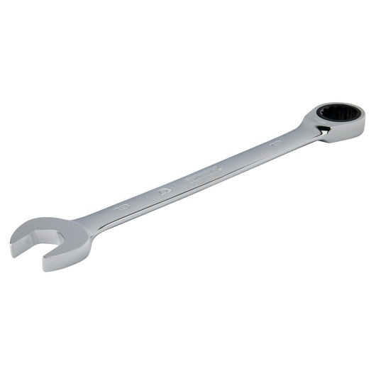 PROTO JSCRM19T chrome combination ratcheting wrench, angled side view, white background.