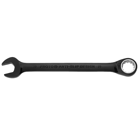 PROTO JSCRM19 black combination wrench with open and box end, flat lay on white background.