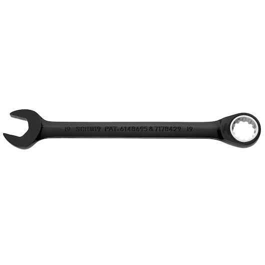 PROTO JSCRM19 black ratcheting combination wrench, open end and box end, white background, side view.