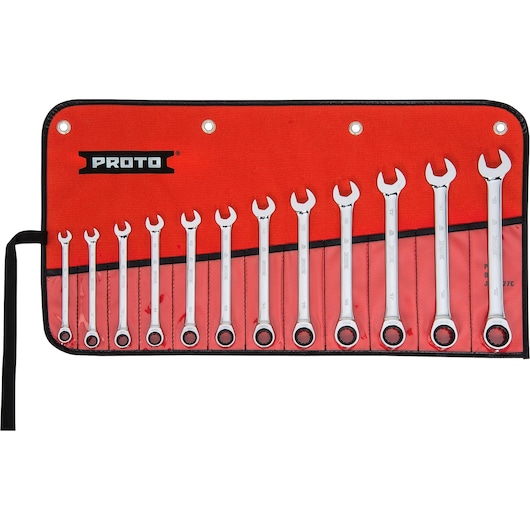 PROTO JSCRMT-12S wrench set with twelve combination wrenches in a red and black roll-up pouch, front angle.