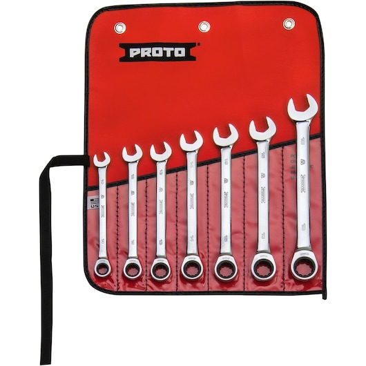 PROTO JSCRMT-7S ratcheting combination wrench set, seven pieces in a red roll-up pouch, top-down view.