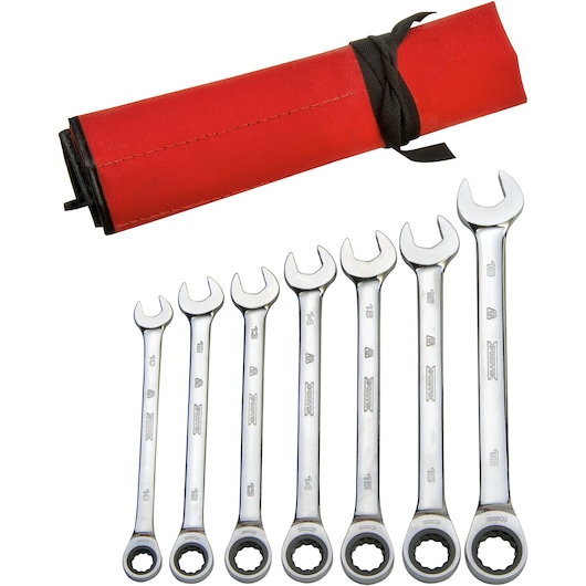 PROTO JSCRMT-7S combination ratcheting wrench set with seven pieces and red roll-up pouch, front angle.