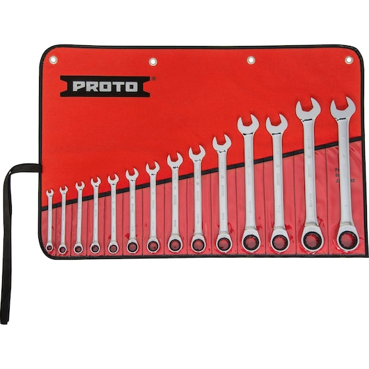 PROTO JSCRT-14S wrench set in red roll-up pouch, photography of combination ratcheting wrenches organized by size, front angle.